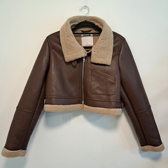 Garage Cropped Aviator Jacket Sherpa Lined Coat Brown Faux Leather Women's Sz M - Picture 7 of 16